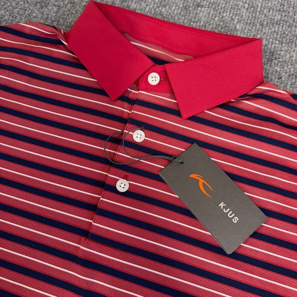 KJUS Golf Polo Men Medium (50) Red Multi Stripe Luis Performance Comfort Fit NEW